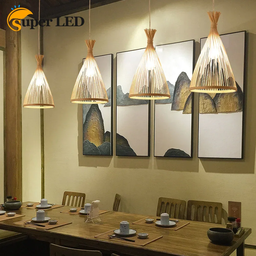 Wicker Pendant Shade - Japanese Chandelier Natural Bamboo Rattan LED